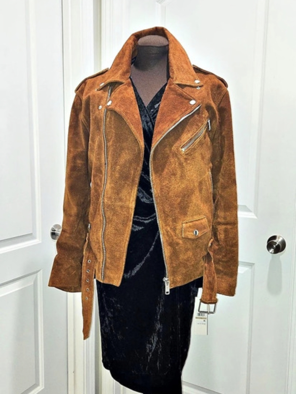 Zara Suede Biker Jacket Brown & Black Medium Moto Jacket